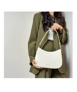 Minimalist white leather hobo shoulder bag, elegant crescent baguette design for daily chic style.