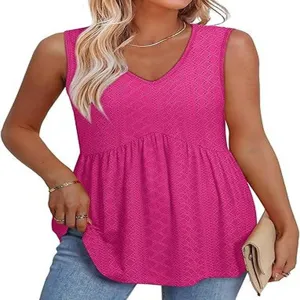 Dames roze v-hals mouwloze babydoll peplum top getextureerde zomer casual blouse shirt