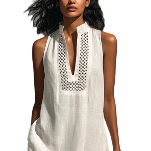 Zomer wit mouwloos holle V-hals maxi jurk resort stijl casual losse lange jurk