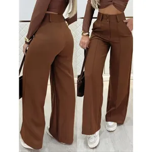 Pantalón marrón de talle alto y pierna ancha para mujer, elegante pantalón informal cruzado.