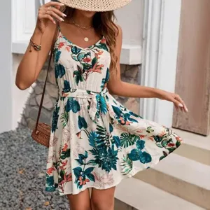 Mujer Vestido Escote V Estampado Floral Tirantes Spaghetti Cintura Alta Cinturon A Linea