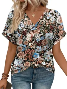 Blusa de verano casual con estampado floral y cuello en V de manga corta para mujer