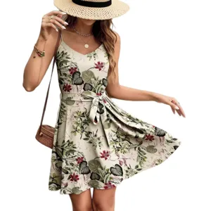 Vestido de mujer cuello V estampado floral tirantes finos talle alto A-línea verano