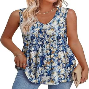 2025 Nieuwe Dames Bloemenprint V-Hals Mouwloos Peplum Top Elegante Zomer Casual Blouse