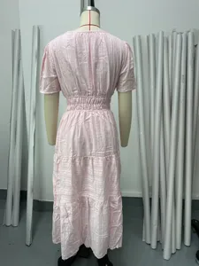 Vestido largo rosa de manga corta con volantes estilo casual cuello V plisado chic