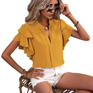 Mujer verano color sólido cuello en V manga corta con volantes blusa casual elegante superior.