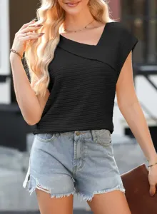 Vrouwen casual zomer effen kleur schuine kraag korte mouw t-shirt detail weergave