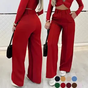 Pantalon rojo talle alto pierna ancha mujer conjunto casual dos piezas elegante nuevo.