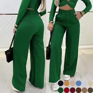 Mujer cintura alta pantalones pierna ancha top manga larga conjunto elegante verde