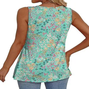 Dames groen bloemen mouwloze tanktop, casual losse zomerse top detailweergave.