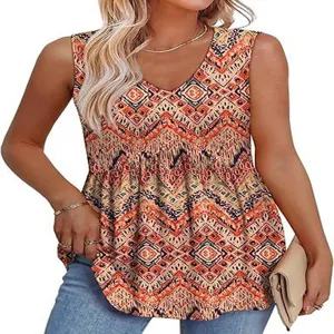 Dames mouwloos V-hals boho print volants babydoll top elegante casual zomerblouse
