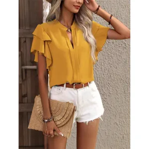 Blusa de Manga Corta de Verano con Cuello en V Color Sólido para Mujer Casual Elegante con Volantes Top de Poliéster
