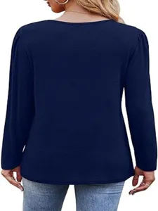 Top casual de mujer de color liso de manga larga con hombros plisados y vaqueros