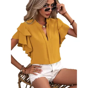 Mujer Verano Casual Color Sólido Doble Capa Volantes Manga Cuello V Blusa Elegante