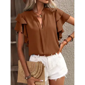 Mujer marron volante manga corta cuello V blusa casual verano color solido top moda