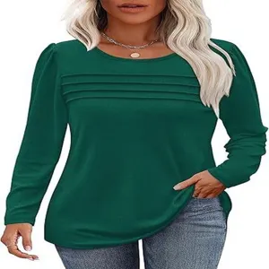 Blusa Plisada de Manga Larga para Mujer Top Casual de Color Sólido con Cuello Redondo