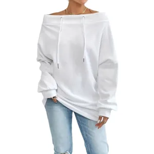 Women's Off Shoulder Long Sleeve Drawstring Loose Casual Sweatshirt Pullover Top