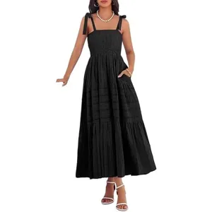 Vestido largo negro con tirantes escalonados para mujer vacaciones de verano playa bolsillos.