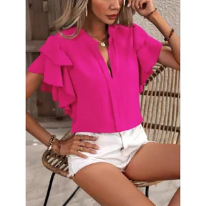 Blusa mujer manga corta fucsia cuello V doble volante top verano elegante de moda