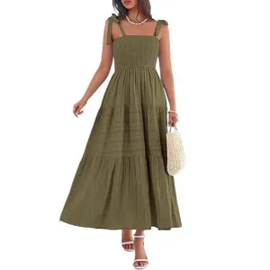 Mujer Verano Playa Vacaciones Vestido Largo Verde Oliva Rizado Tirantes Casual Moda
