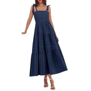 Vestido largo mujer azul marino fruncido con volantes verano playa tirantes elegante
