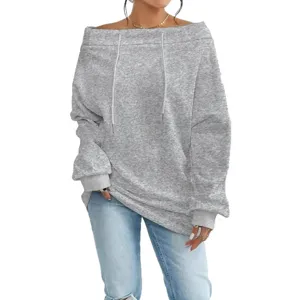 Sudadera mujer gris con hombros descubiertos manga larga cordón suelta casual top
