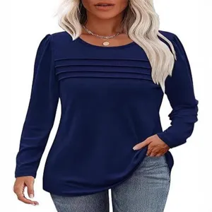 Mujer manga larga plisado sólido casual top elegante cuello redondo blusa camisa