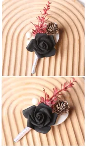 Halloween black rose boutonniere artificial flower pinecone corsage party dress decor