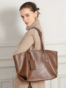 Women leather tote bag large capacity casual shoulder bag for commuting daily fashion handbag