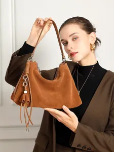 Retro brown suede hobo shoulder bag for women, large capacity commuter tote handbag main view