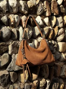Retro brown suede shoulder bag, large capacity commuting tote for women autumn winter