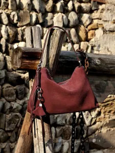 Vintage suede leather shoulder bag for women, large capacity chic hobo tote bag.
