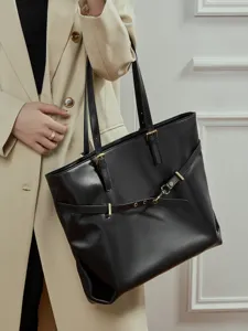 Elegante zwarte leren grote capaciteit tote tas, stijlvolle casual schoudertas.
