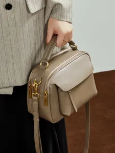Genuine Leather Boston Bag For Women Vintage Top Layer Cowhide Handbag Retro Top Handle Satchel Casual Shoulder Bag
