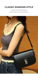 Classic black leather shoulder bag close-up showing elegant vintage design and metal lock.