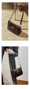 Elegant brown patent leather shoulder bag for women, stylish vintage handbag with metal lock.