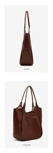 Bruine lederen shopper detailweergave met zijaanzicht en achterkant van de minimalistische tas.