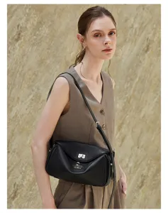 Black leather shoulder messenger bag for women, stylish casual crossbody bag with metal lock.