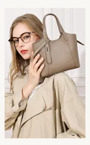Casual genuine leather bucket tote bag for women, stylish minimalist design shoulder bag.