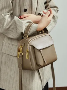 Genuine leather Boston bag for women, vintage shoulder crossbody handbag with double zippers.