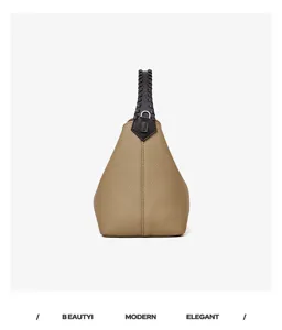 Borsa a secchiello in vera pelle con manico intrecciato, elegante borsa a spalla casual per donna.