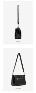 Detailed side and back angle views of a sleek black patent leather fashion shoulder bag.