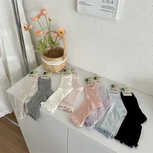 Sweet style ruffle mesh mid-calf socks for women, breathable solid color cute casual hosiery.