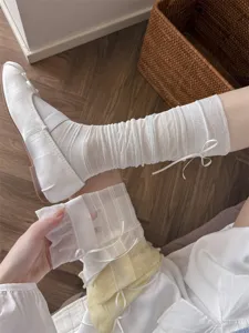 Details of sheer mesh ribbon calf socks, ballet core style for women spring and summer wear.