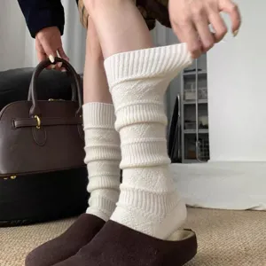 Calcetines Largos de Lana Espesa de Invierno para Mujer Patrón de Diamantes Minimalista Coreano Calcetines de Pantorrilla Cálidos Casuales
