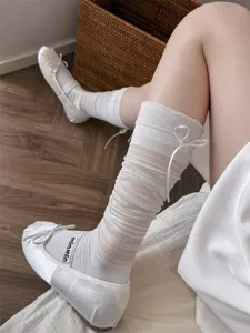 Women ballet ribbon sheer knee high socks sweet white mesh striped cute hosiery fashion daily wear