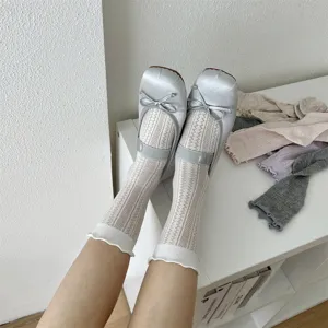 Summer thin sweet women mesh ruffle mid-calf socks with silver ballet shoes detail view.