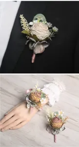 European style wedding artificial rose boutonniere and wrist corsage set for bridal party.