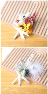 Artificial flower boutonniere detail shot, elegant wedding party suit decoration corsage.