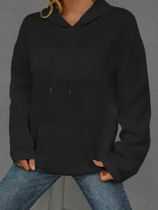 Sudadera negra de manga larga para mujer con patrón de letras en relieve, jersey casual.